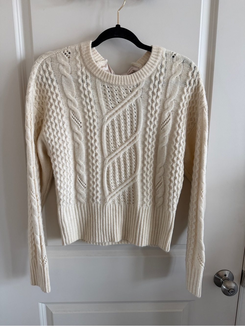 Express Cream Cable Knit Crewneck Sweater with Bow-Tie Back - Women's